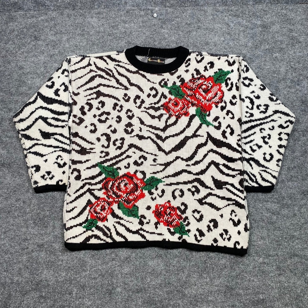 Vintage Cutting Edge Animal Print Rose Sweater Mens XL‎ Zebra Leopard Floral USA